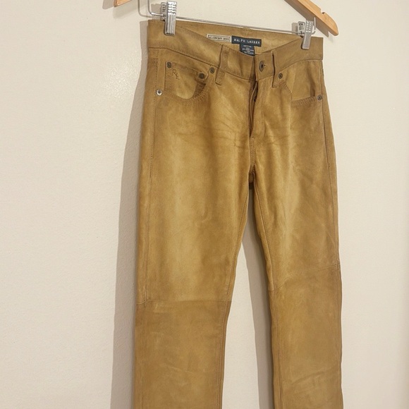 NEW RALPH LAUREN RL Cowboy Boot 100% Leather Pants Distressed Mustard Size 25 - Picture 3 of 8